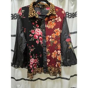 Calessa multi medium embroidered floral bird cheetah crinkle ruffle collared top